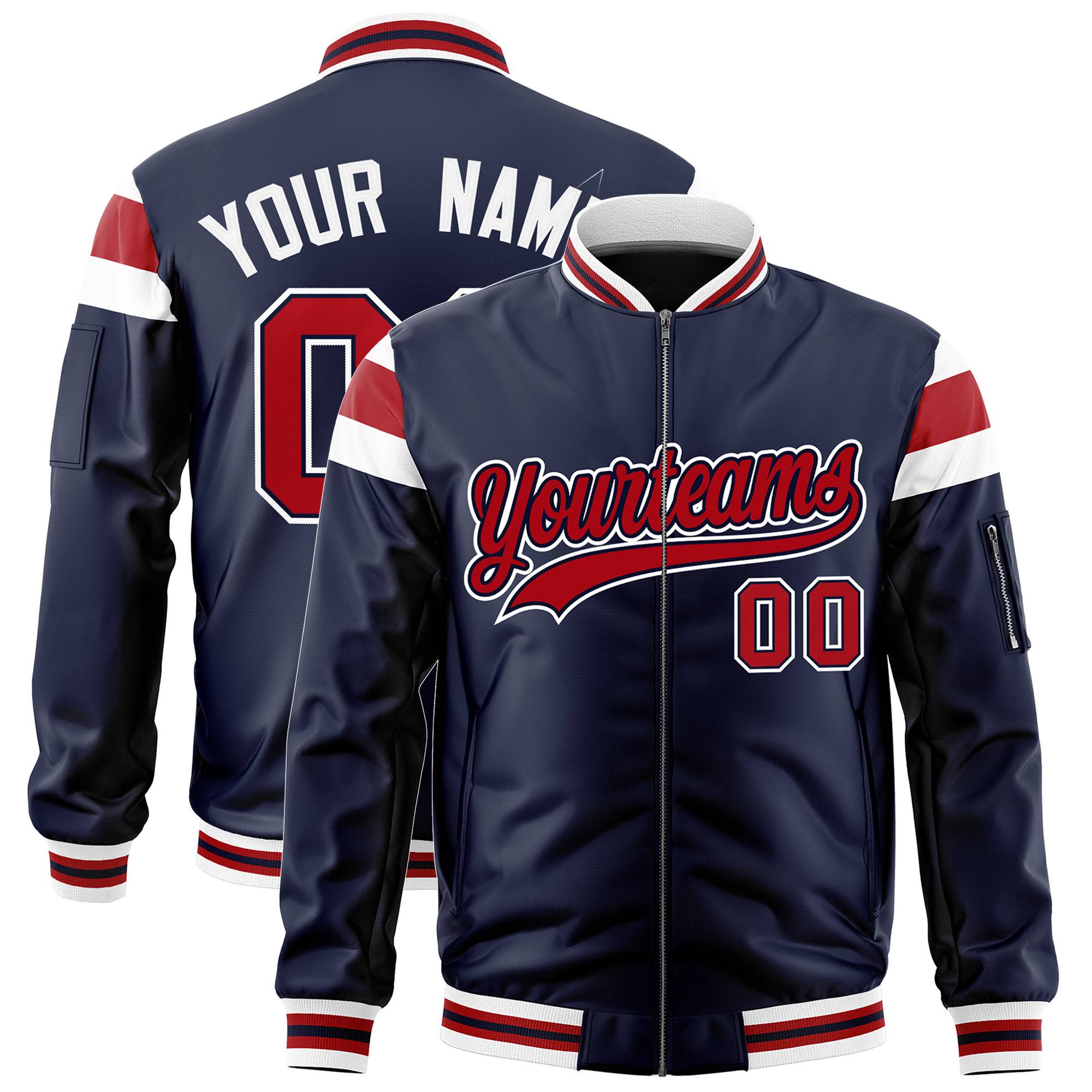 Custom Navy White-Red Varsity Full-Zip Shoulder Color Block Letterman Bomber Jacket