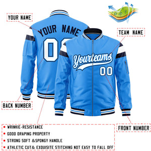 Custom Powder Blue Navy-White Varsity Full-Zip Shoulder Color Block Letterman Bomber Jacket