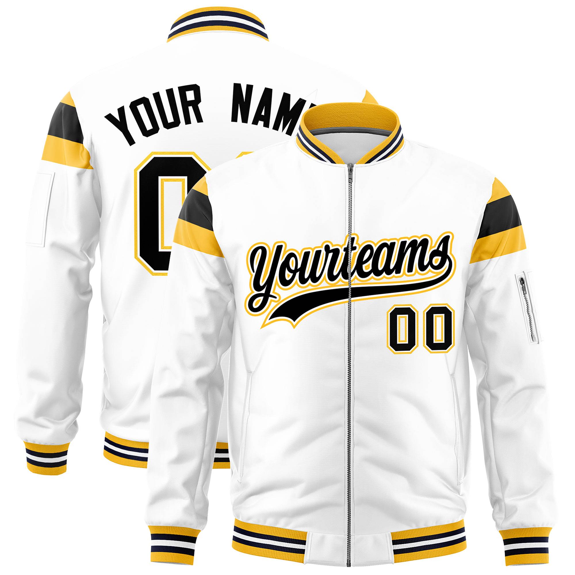 Custom White Gold-Black Varsity Full-Zip Shoulder Color Block Letterman Bomber Jacket