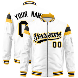 Custom White Gold-Black Varsity Full-Zip Shoulder Color Block Letterman Bomber Jacket