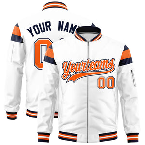 Custom White Navy-Orange Varsity Full-Zip Shoulder Color Block Letterman Bomber Jacket