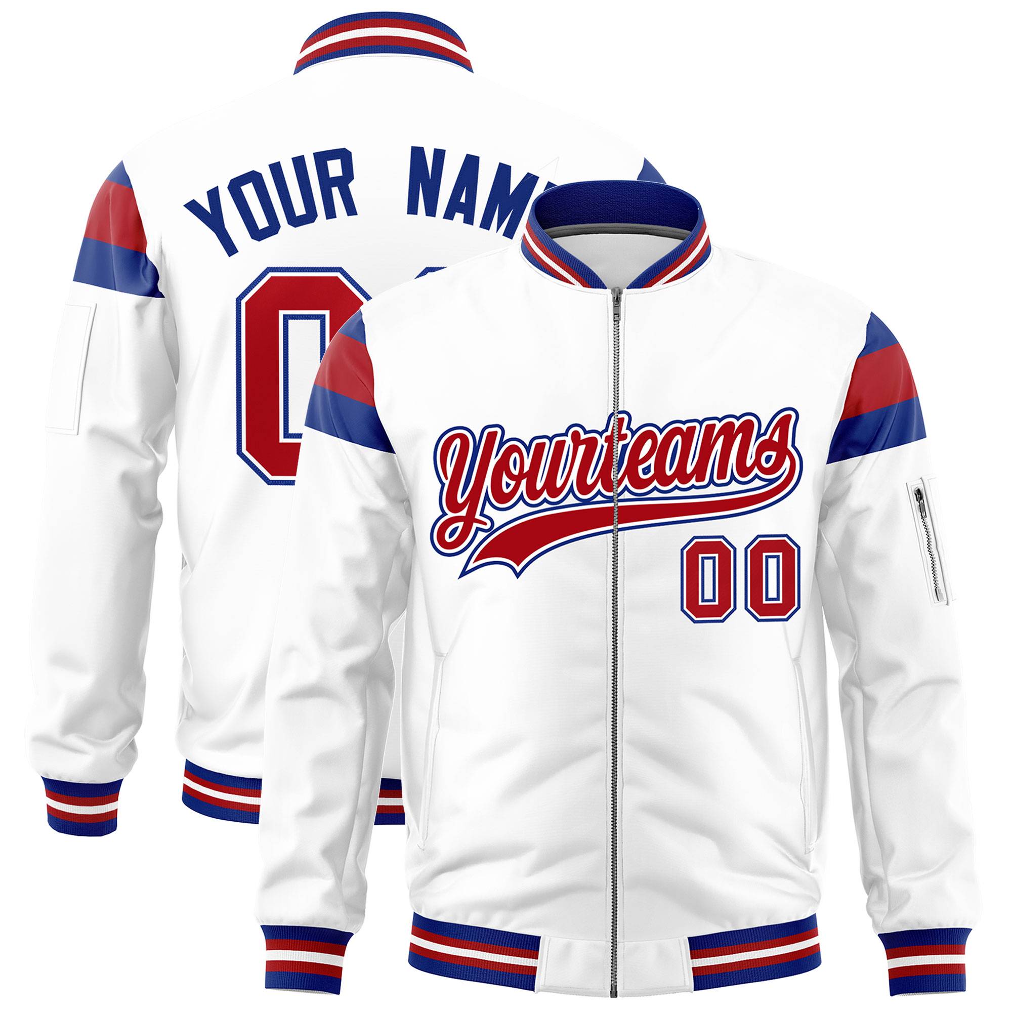 Custom White Royal-Red Varsity Full-Zip Shoulder Color Block Letterman Bomber Jacket