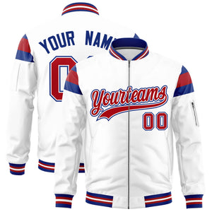 Custom White Royal-Red Varsity Full-Zip Shoulder Color Block Letterman Bomber Jacket