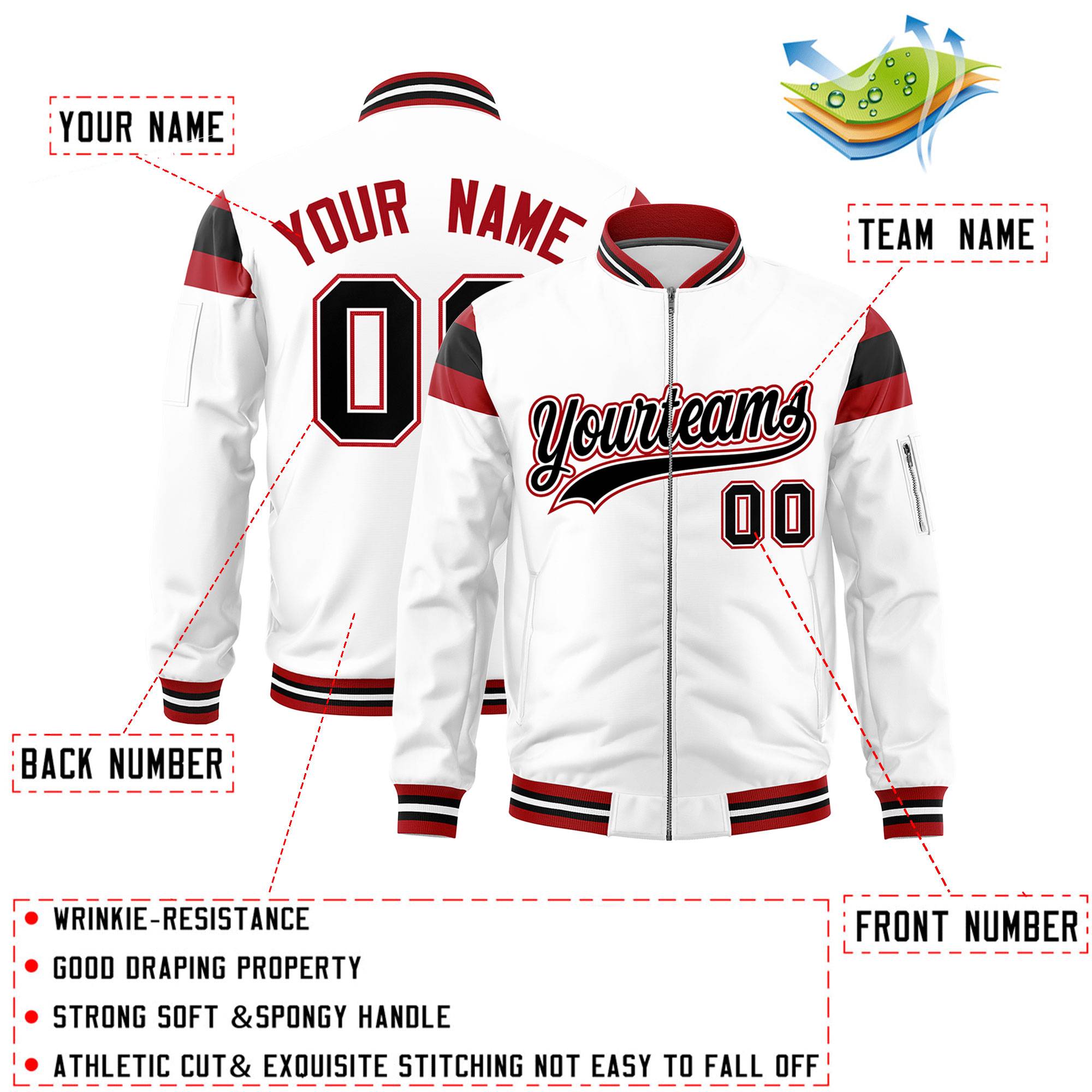 Custom White Red-Black Varsity Full-Zip Shoulder Color Block Letterman Bomber Jacket