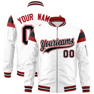 Custom White Red-Black Varsity Full-Zip Shoulder Color Block Letterman Bomber Jacket