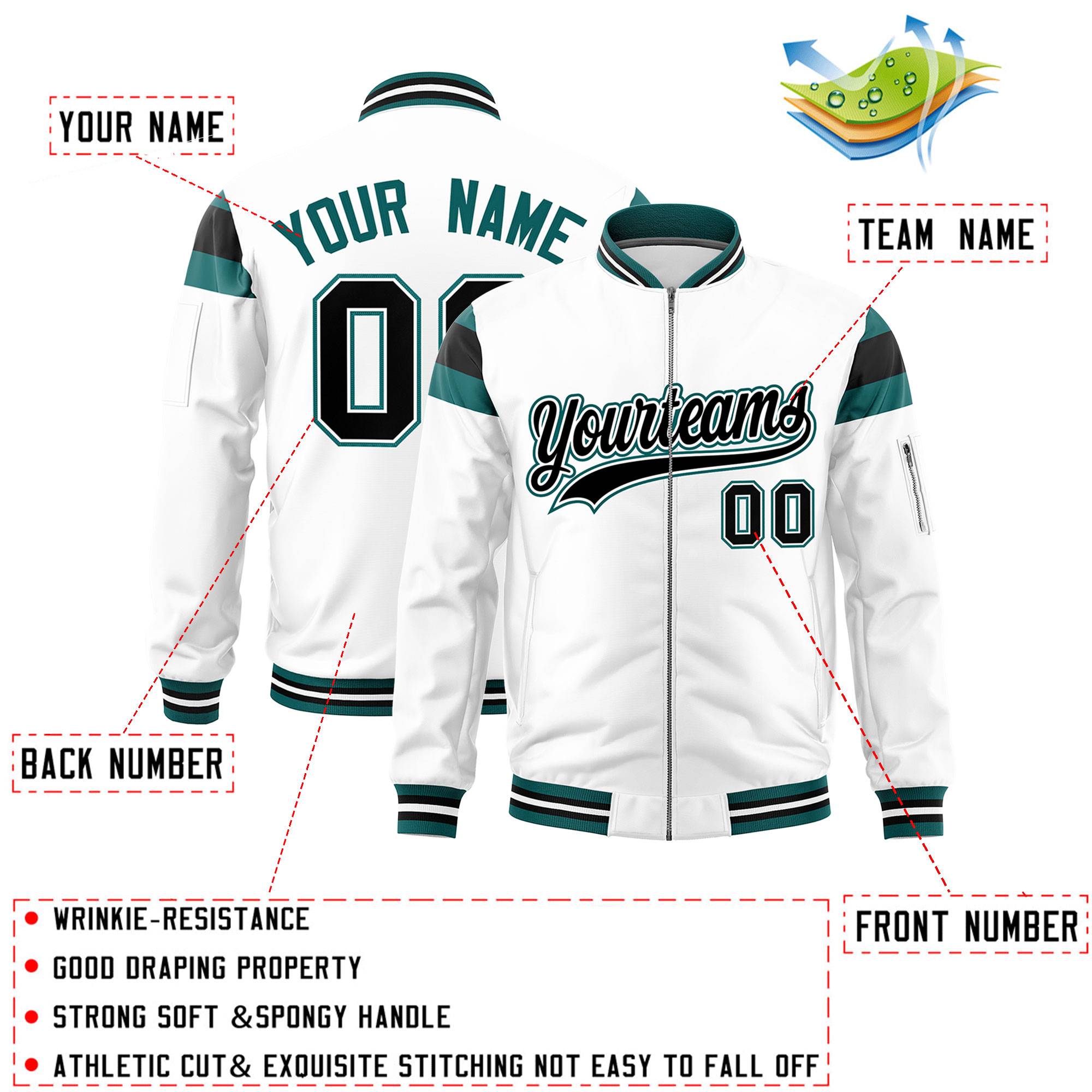 Custom White Aqua-Black Varsity Full-Zip Shoulder Color Block Letterman Bomber Jacket