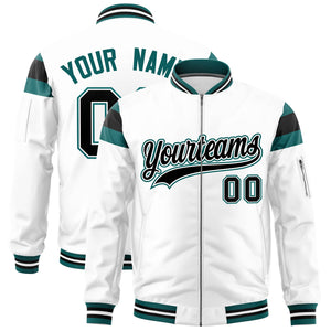 Custom White Aqua-Black Varsity Full-Zip Shoulder Color Block Letterman Bomber Jacket