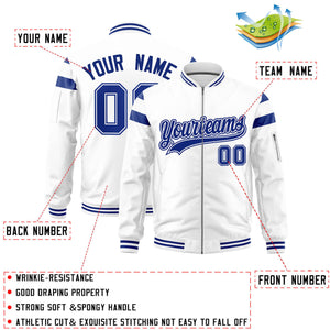 Custom White Royal Varsity Full-Zip Shoulder Color Block Letterman Bomber Jacket