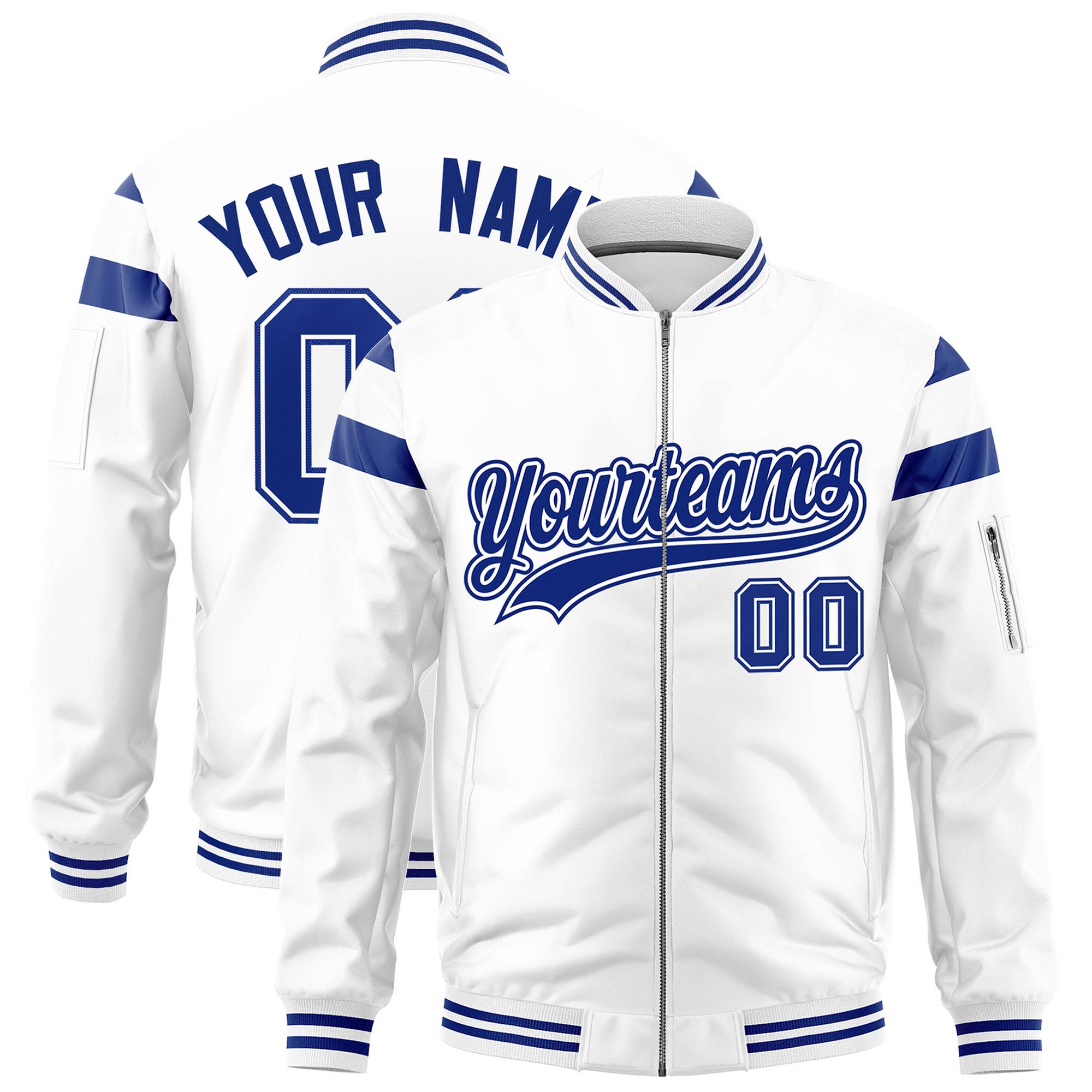 Custom White Royal Varsity Full-Zip Shoulder Color Block Letterman Bomber Jacket