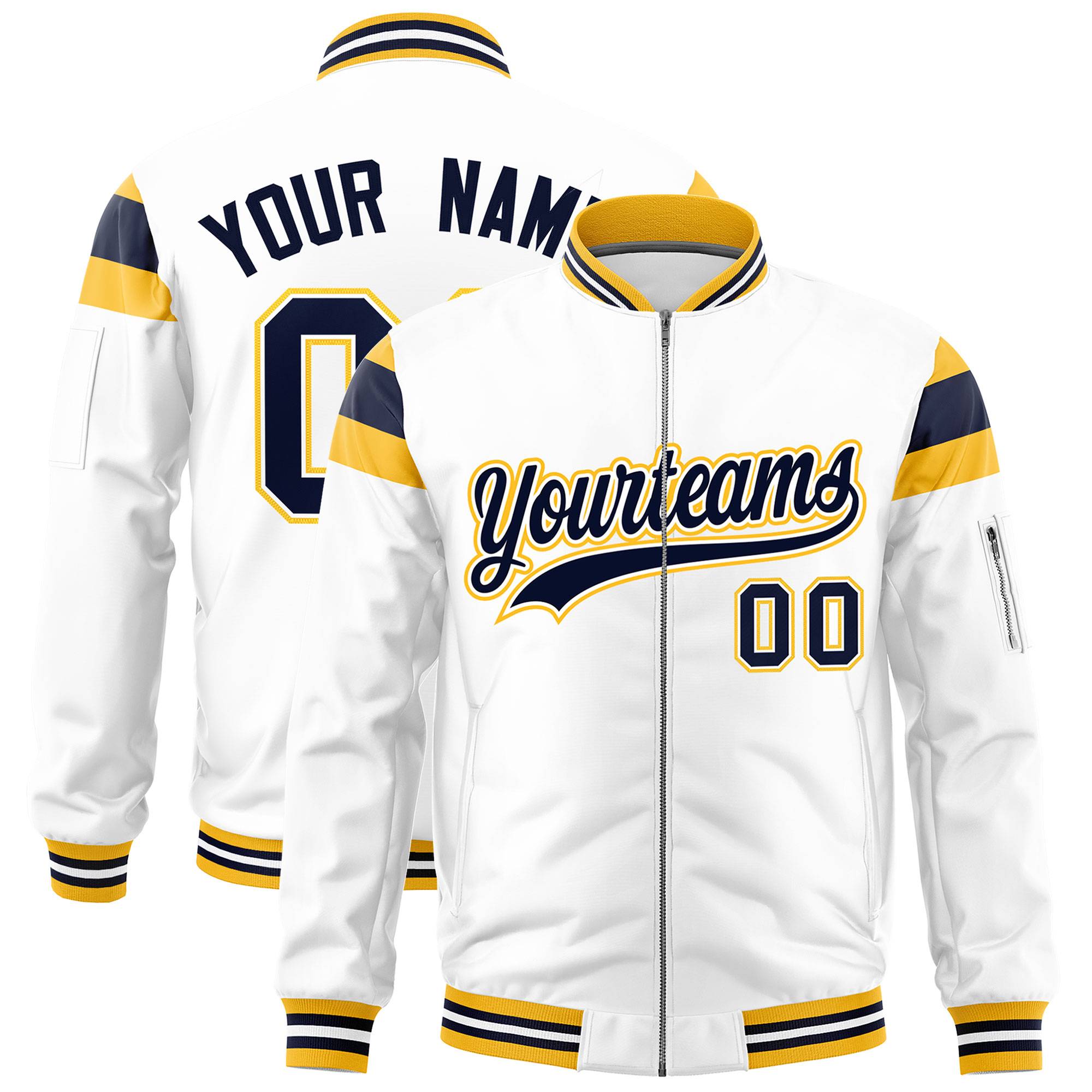 Custom White Gold-Navy Varsity Full-Zip Shoulder Color Block Letterman Bomber Jacket