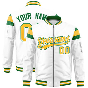 Custom White Kelly Green-Gold Varsity Full-Zip Shoulder Color Block Letterman Bomber Jacket