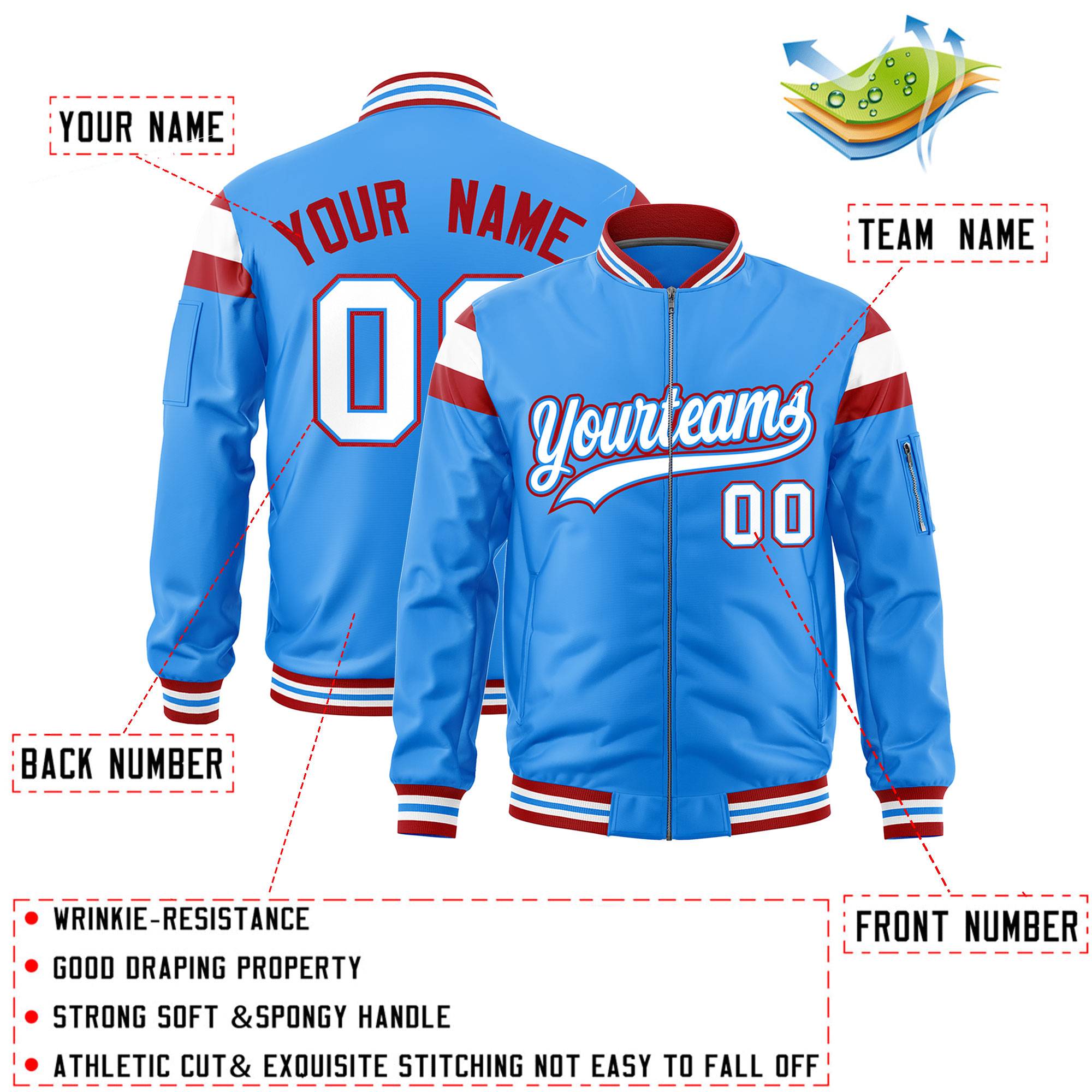 Custom Powder Blue Red-White Varsity Full-Zip Shoulder Color Block Letterman Bomber Jacket