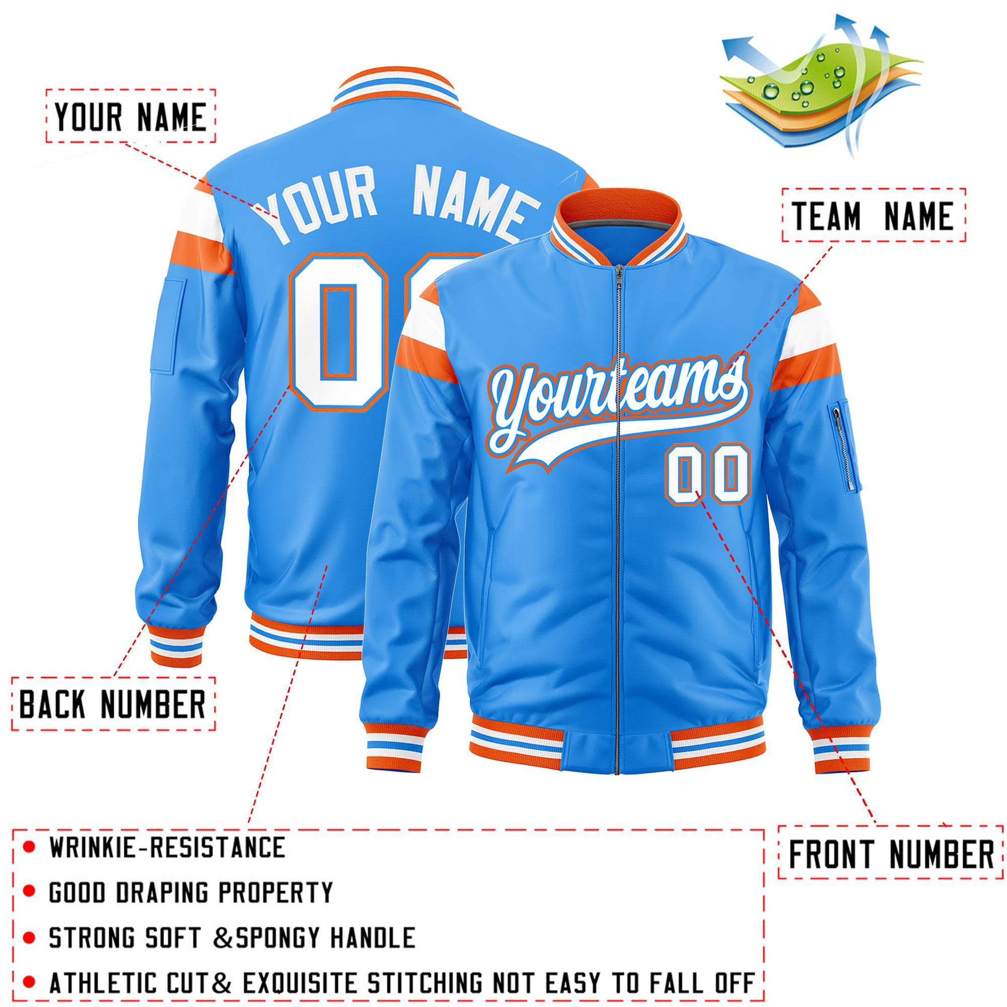 Custom Powder Blue Orange-White Varsity Full-Zip Shoulder Color Block Letterman Bomber Jacket