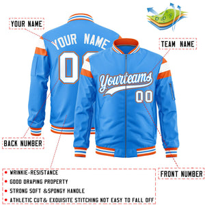 Custom Powder Blue Orange-White Varsity Full-Zip Shoulder Color Block Letterman Bomber Jacket