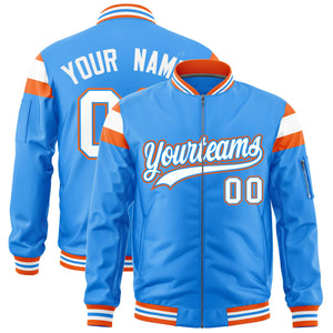 Custom Powder Blue Orange-White Varsity Full-Zip Shoulder Color Block Letterman Bomber Jacket