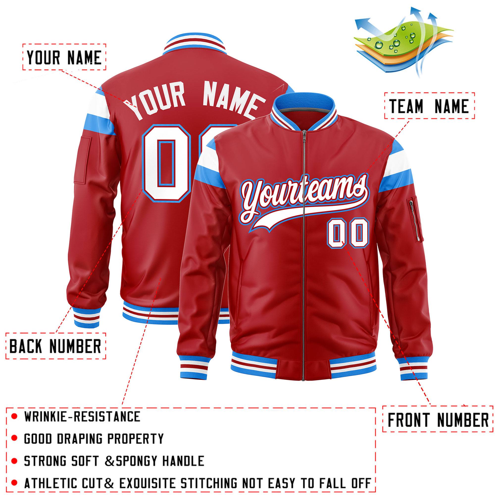 Custom Red Powder Blue-White Varsity Full-Zip Shoulder Color Block Letterman Bomber Jacket