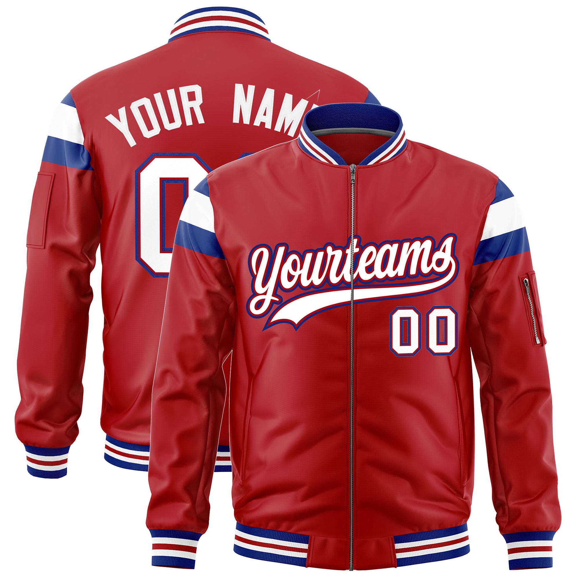 Custom Red Royal-White Varsity Full-Zip Shoulder Color Block Letterman Bomber Jacket