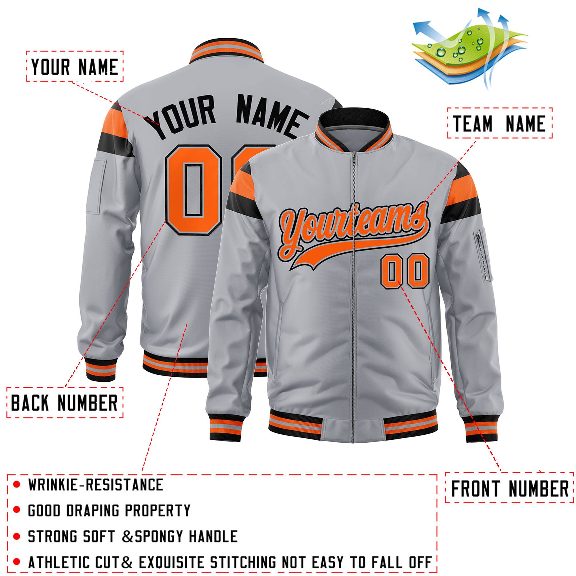 Custom Silver Black-Orange Varsity Full-Zip Shoulder Color Block Letterman Bomber Jacket