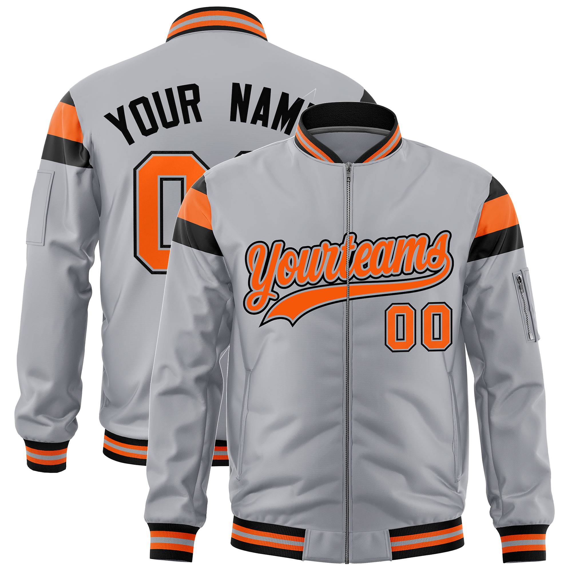 Custom Silver Black-Orange Varsity Full-Zip Shoulder Color Block Letterman Bomber Jacket