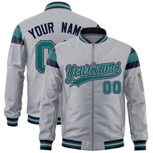 Custom Silver Navy-Aqua Varsity Full-Zip Shoulder Color Block Letterman Bomber Jacket