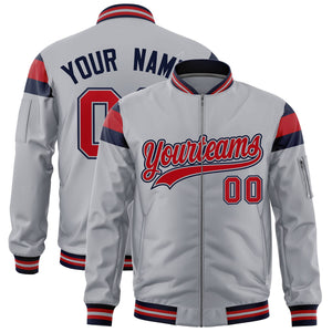 Custom Silver Navy-Red Varsity Full-Zip Shoulder Color Block Letterman Bomber Jacket