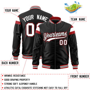 Custom Black Red-White Varsity Full-Zip Shoulder Color Block Letterman Bomber Jacket