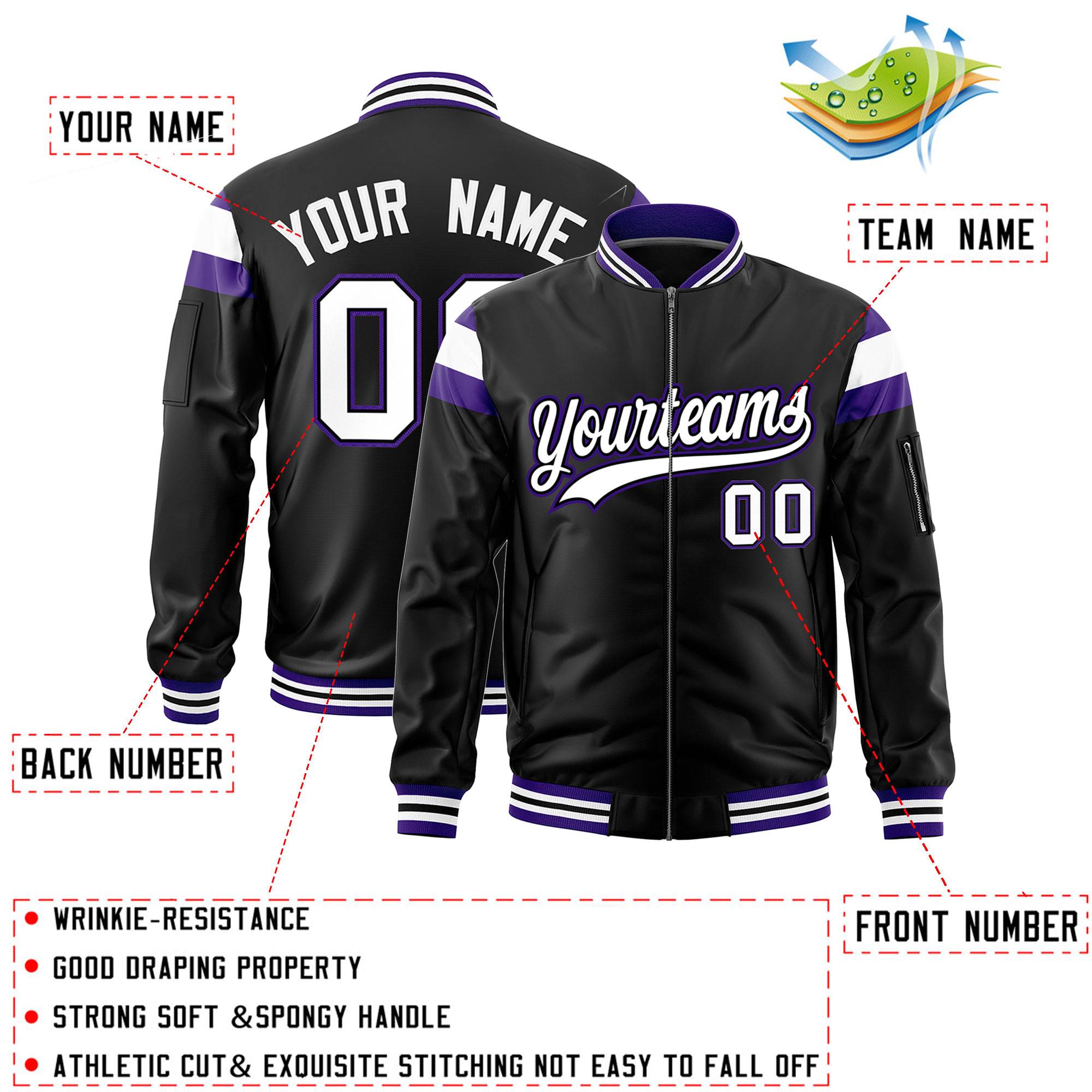 Custom Black Purple-White Varsity Full-Zip Shoulder Color Block Letterman Bomber Jacket