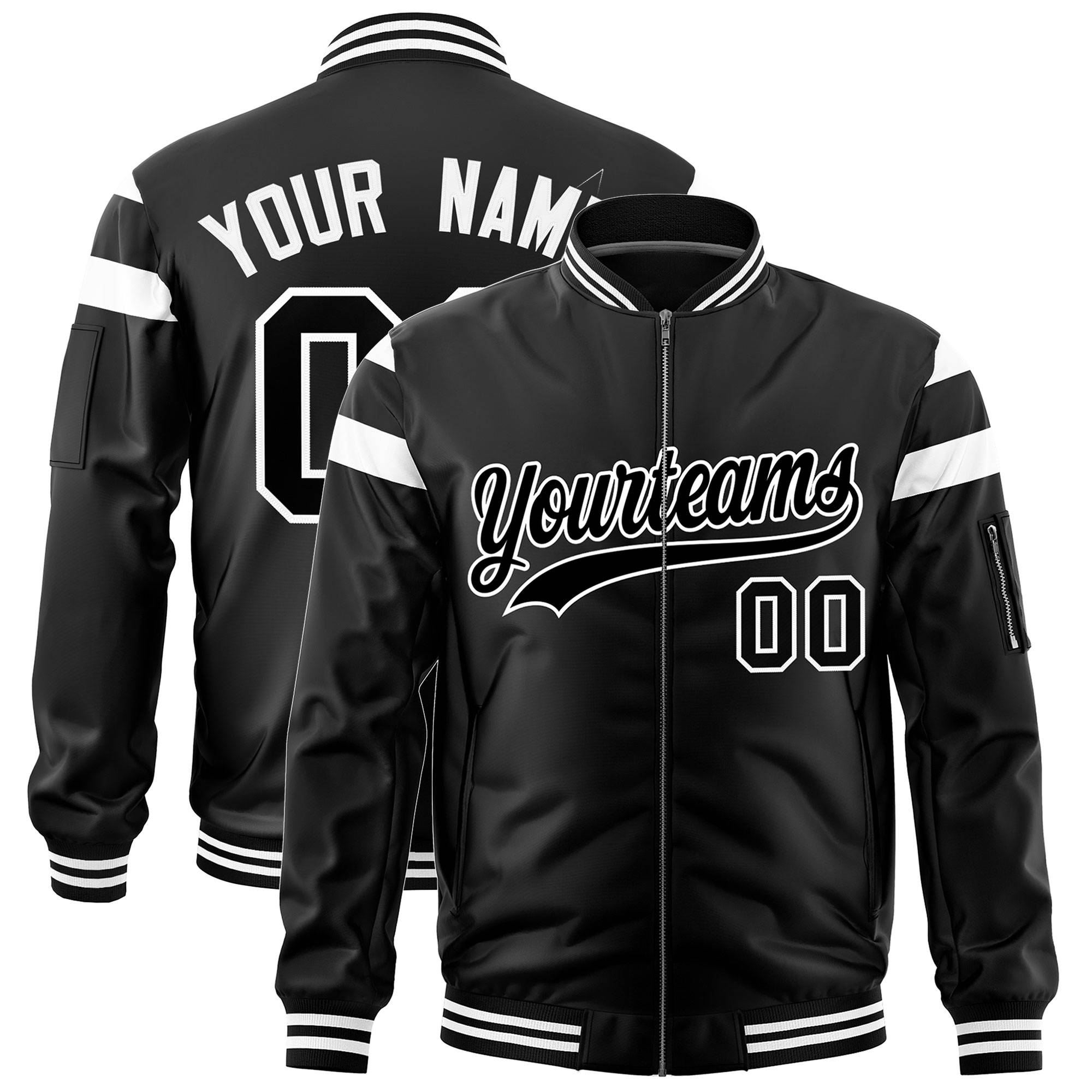 Custom Black White Varsity Full-Zip Shoulder Color Block Letterman Bomber Jacket