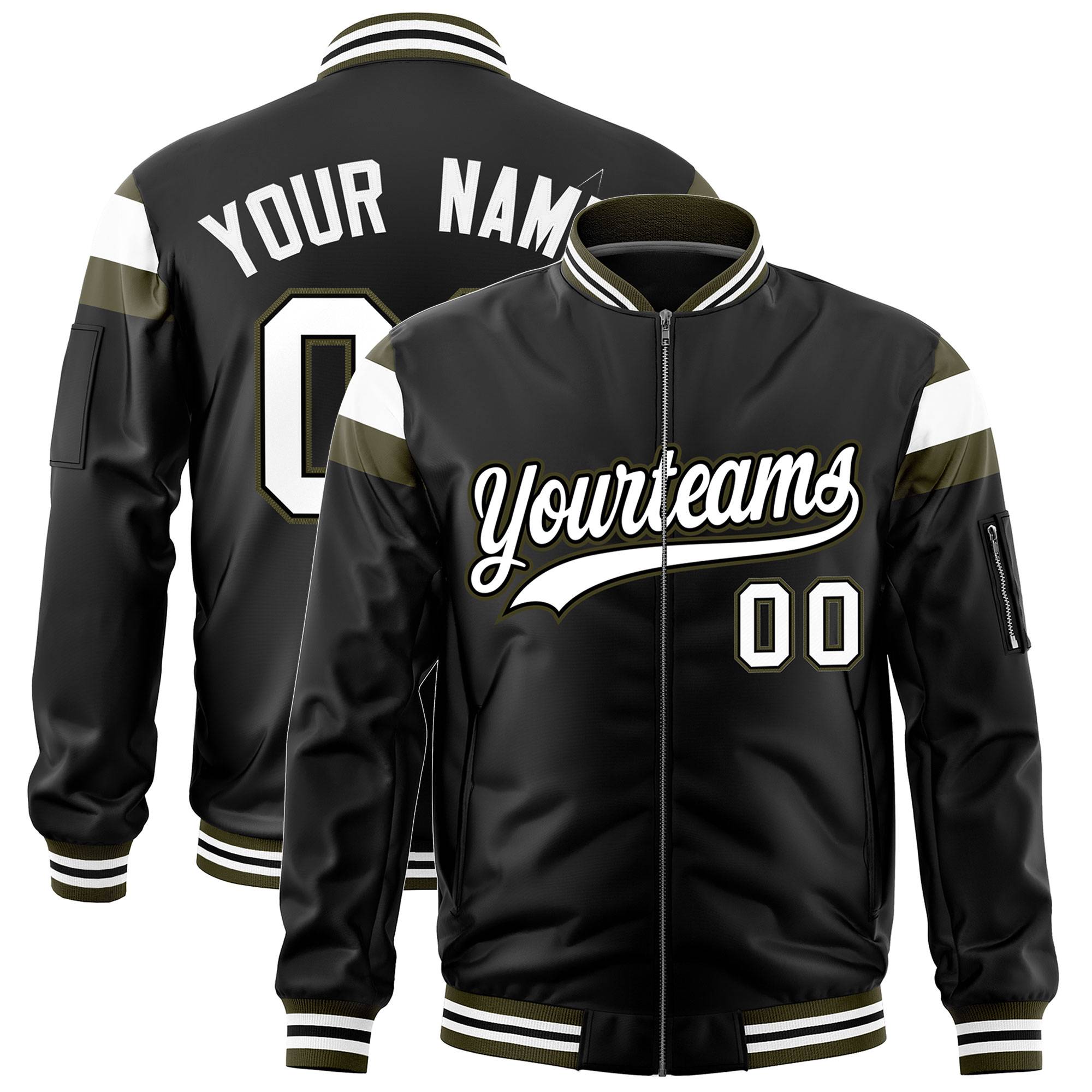 Custom Black Olive-White Varsity Full-Zip Shoulder Color Block Letterman Bomber Jacket