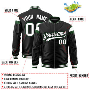 Custom Black Green-White Varsity Full-Zip Shoulder Color Block Letterman Bomber Jacket