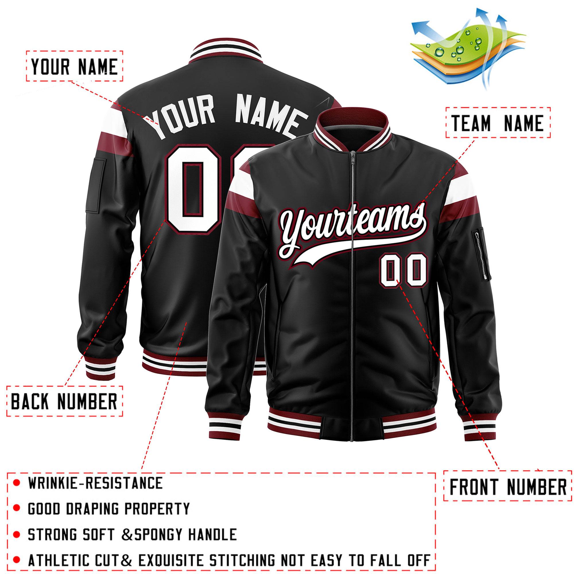 Custom Black Crimson-White Varsity Full-Zip Shoulder Color Block Letterman Bomber Jacket