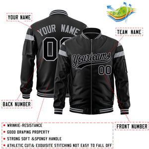 Custom Black Silver-Black Varsity Full-Zip Shoulder Color Block Letterman Bomber Jacket