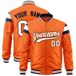 Custom Orange Navy-White Varsity Full-Zip Shoulder Color Block Letterman Bomber Jacket