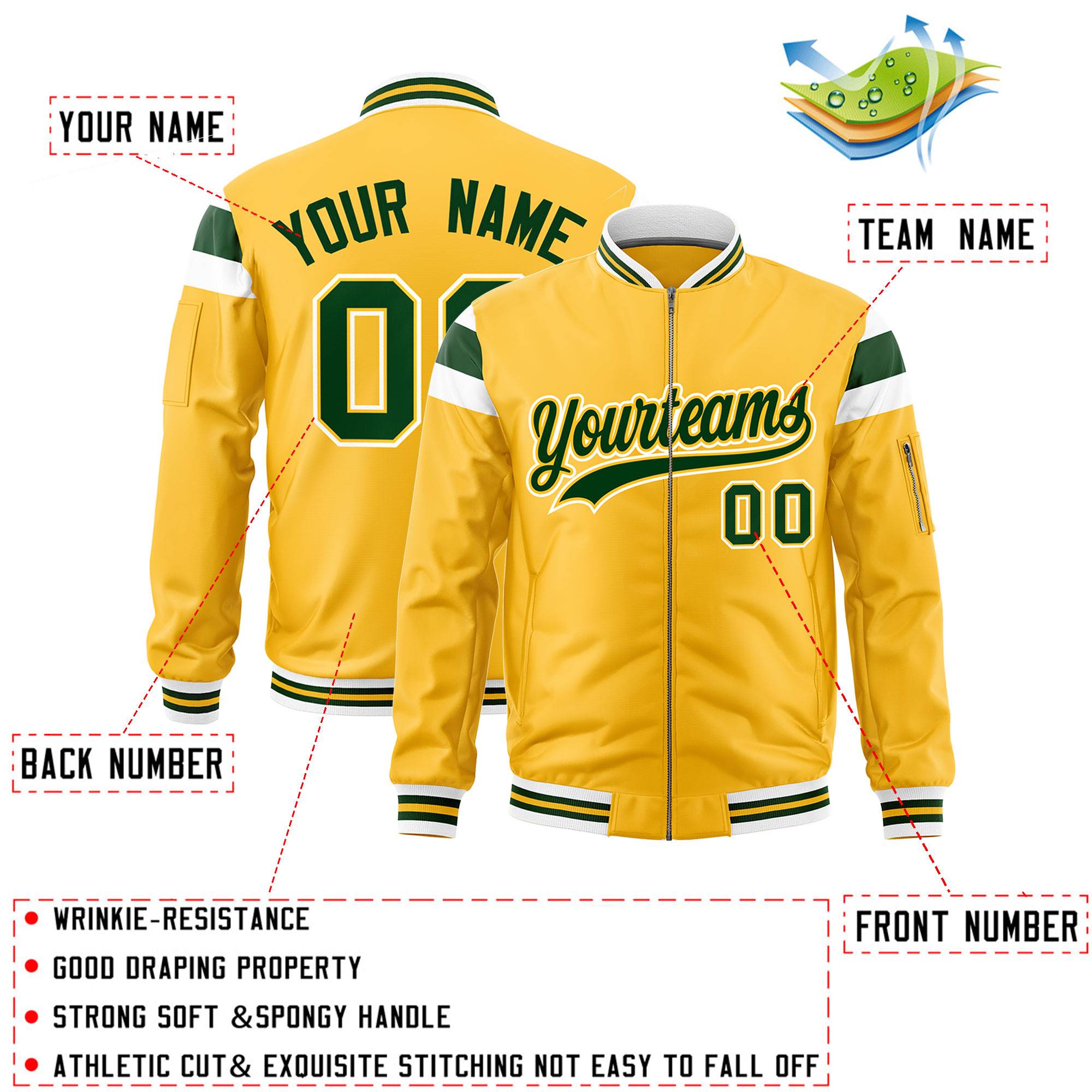 Custom Gold White-Green Varsity Full-Zip Shoulder Color Block Letterman Bomber Jacket