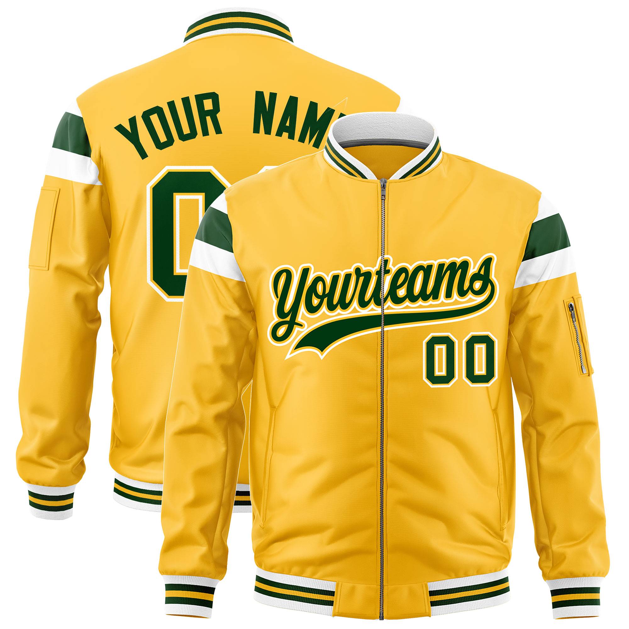 Custom Gold White-Green Varsity Full-Zip Shoulder Color Block Letterman Bomber Jacket