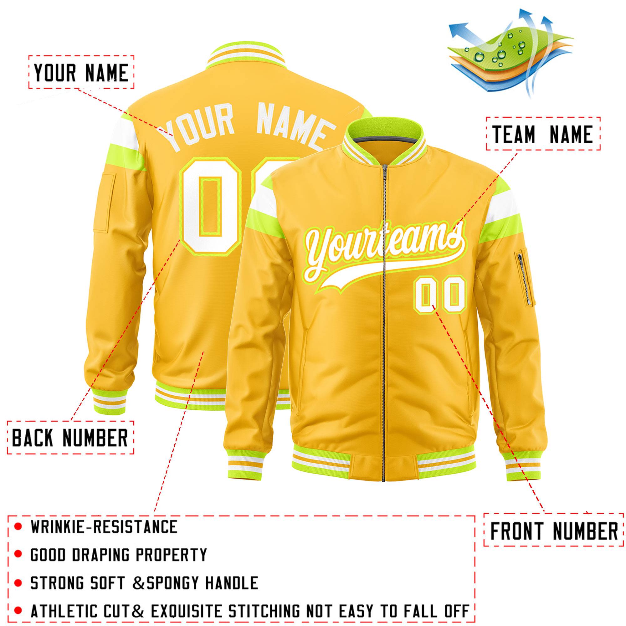 Custom Gold Fluorescent Green-White Varsity Full-Zip Shoulder Color Block Letterman Bomber Jacket