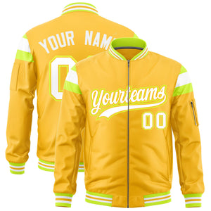 Custom Gold Fluorescent Green-White Varsity Full-Zip Shoulder Color Block Letterman Bomber Jacket