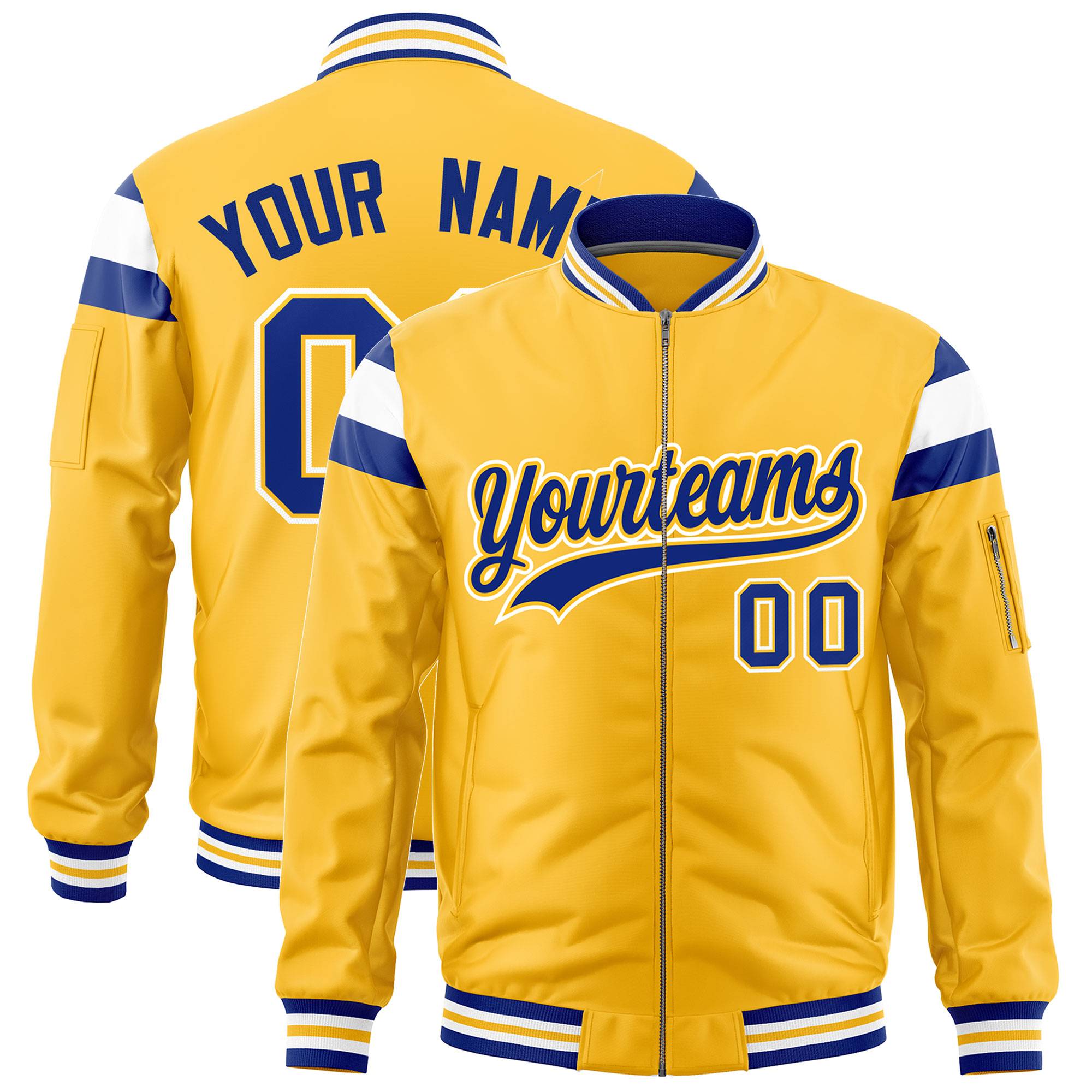 Custom Gold Royal-White Varsity Full-Zip Shoulder Color Block Letterman Bomber Jacket