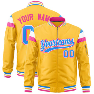 Custom Gold Powder Blue-White Varsity Full-Zip Shoulder Color Block Letterman Bomber Jacket