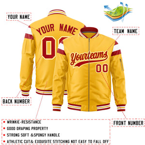 Custom Gold Red-White Varsity Full-Zip Shoulder Color Block Letterman Bomber Jacket