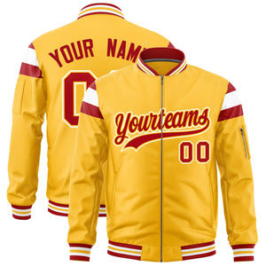 Custom Gold Red-White Varsity Full-Zip Shoulder Color Block Letterman Bomber Jacket