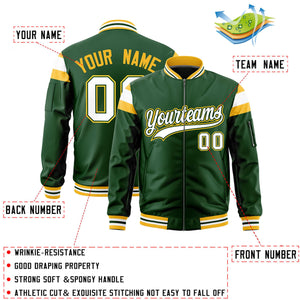 Custom Green Gold-White Varsity Full-Zip Shoulder Color Block Letterman Bomber Jacket