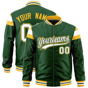 Custom Green Gold-White Varsity Full-Zip Shoulder Color Block Letterman Bomber Jacket