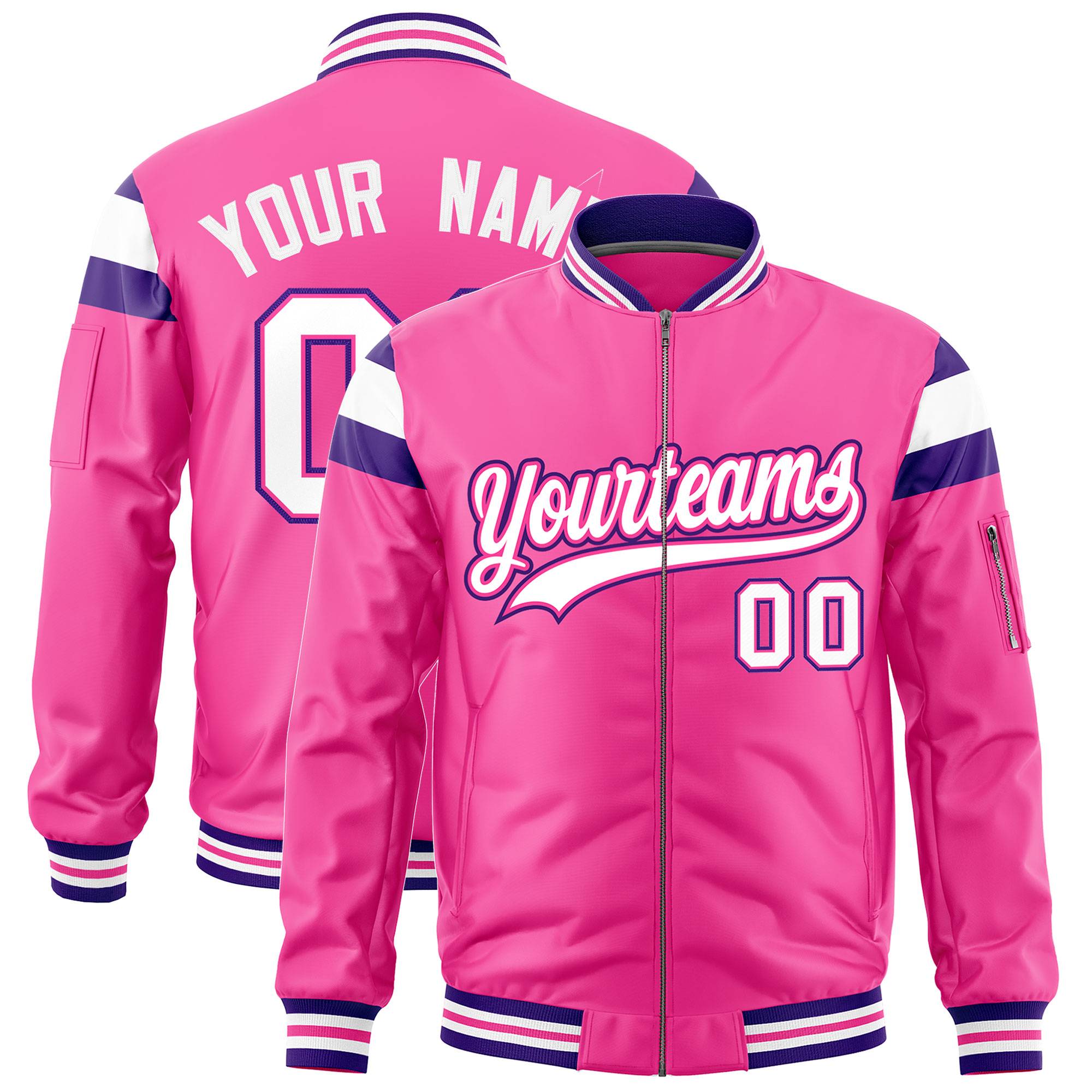 Custom Pink Purple-White Varsity Full-Zip Shoulder Color Block Letterman Bomber Jacket