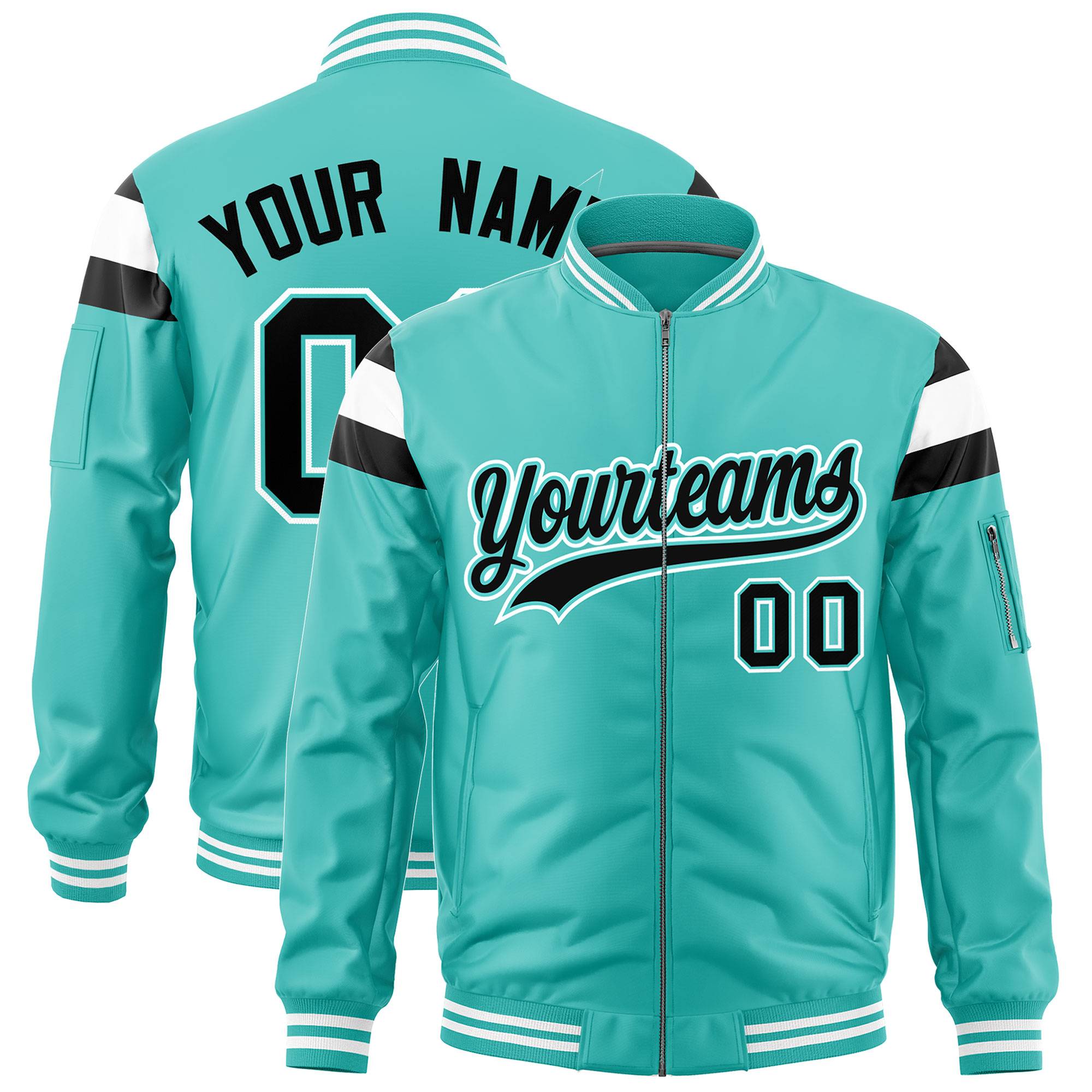 Custom Bright Green Black-White Varsity Full-Zip Shoulder Color Block Letterman Bomber Jacket