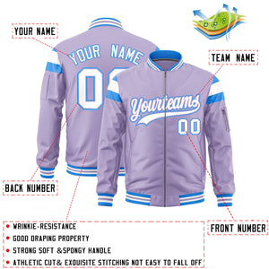 Custom Light Purple Powder Blue-White Varsity Full-Zip Shoulder Color Block Letterman Bomber Jacket