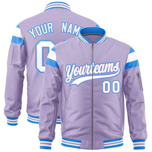 Custom Light Purple Powder Blue-White Varsity Full-Zip Shoulder Color Block Letterman Bomber Jacket