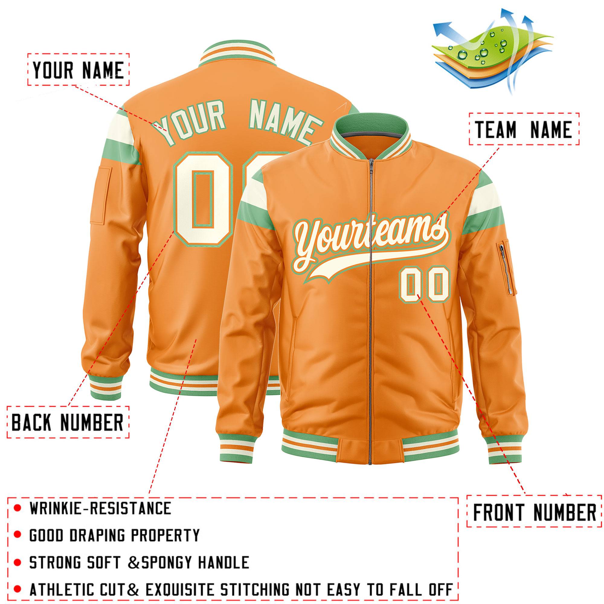 Custom Orange Light Green-Cream Varsity Full-Zip Shoulder Color Block Letterman Bomber Jacket