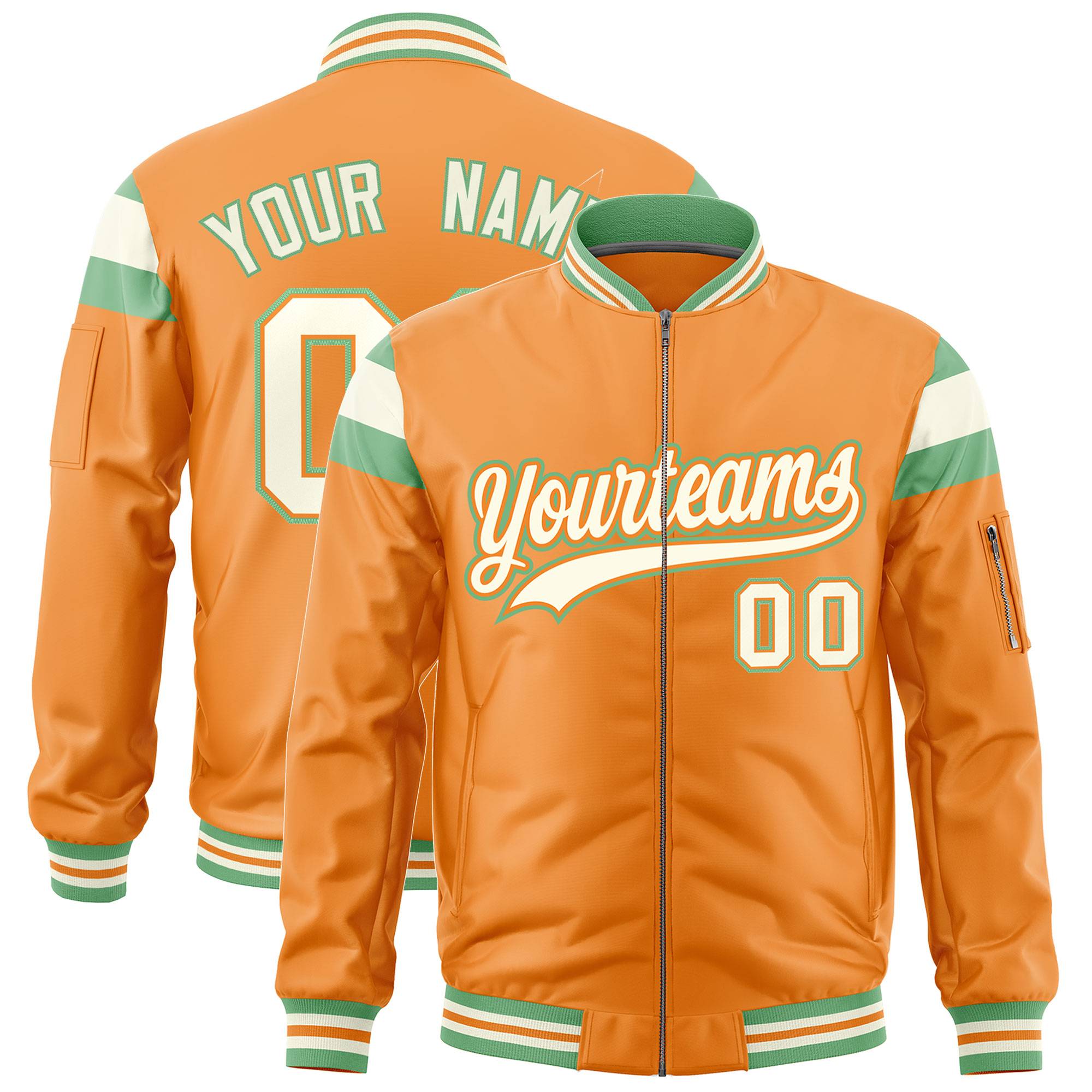 Custom Orange Light Green-Cream Varsity Full-Zip Shoulder Color Block Letterman Bomber Jacket