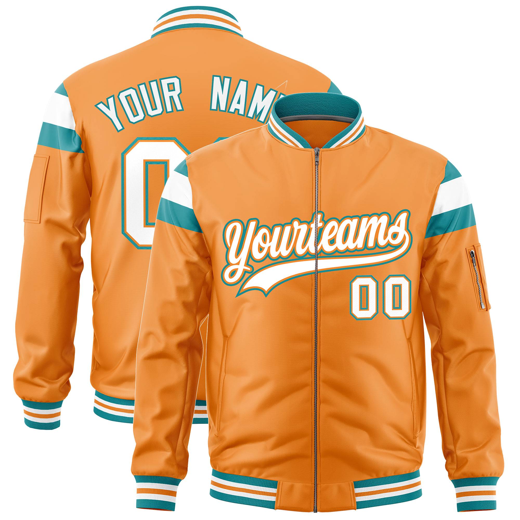 Custom Orange Aqua-White Varsity Full-Zip Shoulder Color Block Letterman Bomber Jacket